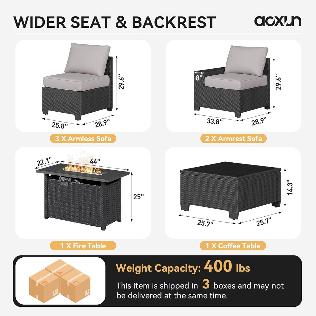 Outdoor Patio Furniture Set with 44'' Fire Pit Table, 7 Pcs Outdoor Sectional with 4in Thicken Cushion, Widen