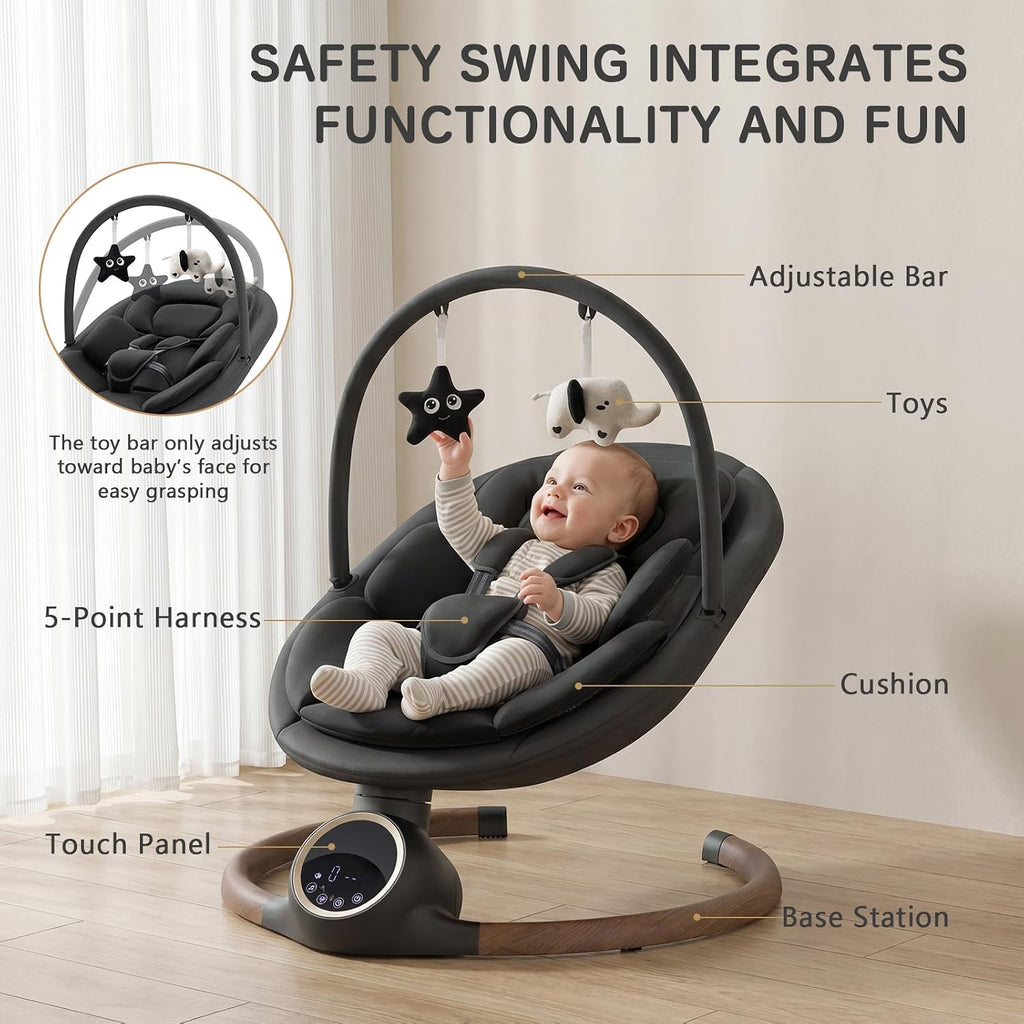 Swing for Infants with 5 Point Harness, 5 Speeds Infant Swing with Soft Cushion, 10 Songs and Bluetooth Music
