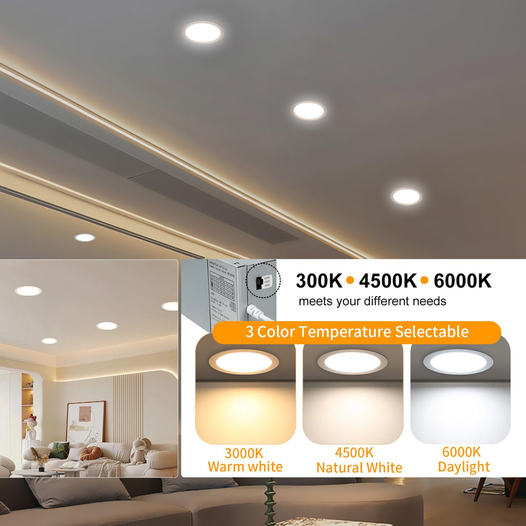 8 Inch LED Recessed Lighting with Junction Box Ultra-Thin, 3000K/4500K/6000K Selectable, 8" Dimmable Canless LED