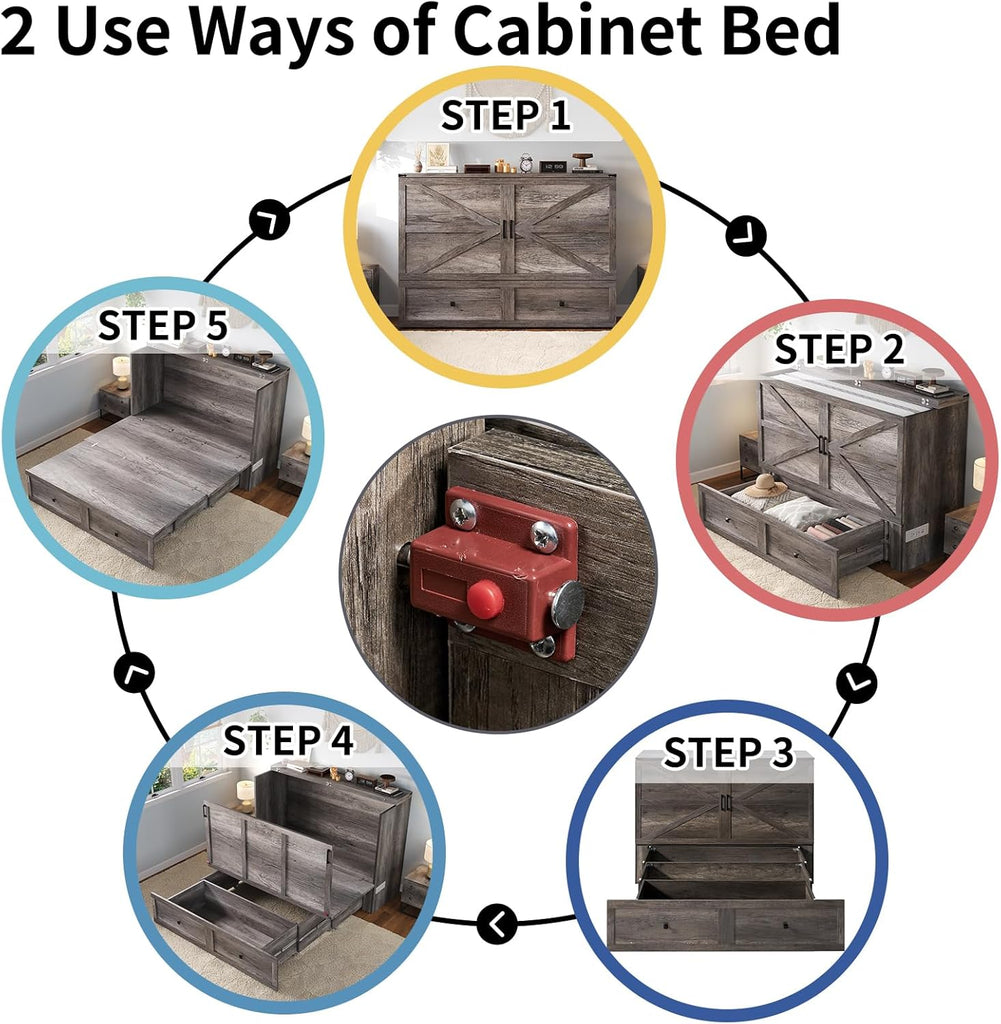 Murphy Bed Queen Cabinet Bed with Charging Station, Large Storage Drawer for Home Office or Small Room, Hideaway Bed
