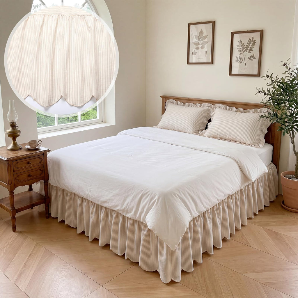 Striped Bed Skirt, 16" Drop, Scallop Dust Ruffle, Cream Ivory