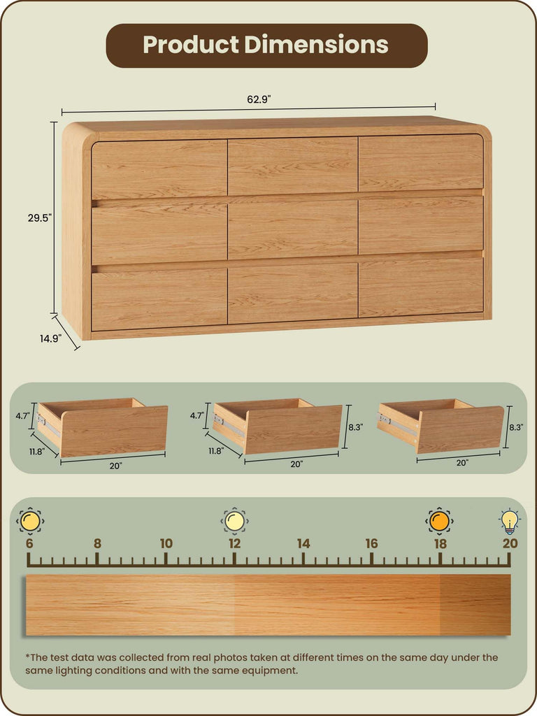 Modern 63" Wide 9 Drawers Dresser with Curved Profile Design, Oak