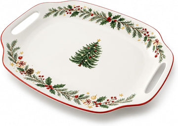 Christmas Serving Tray with Handles - 16.5 Inch Large Ceramic Platter for Turkey, Ham & Party Food, Rectangular