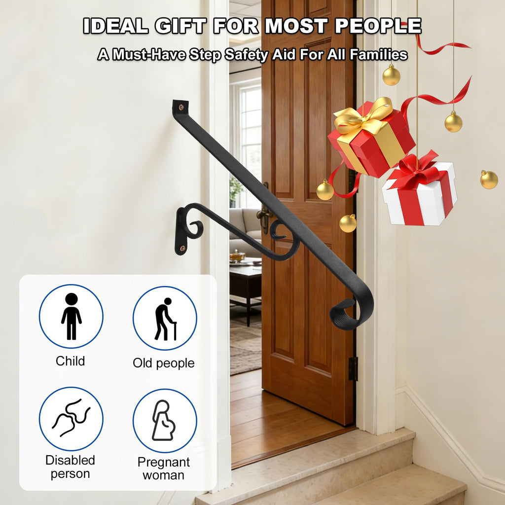 21.7" Outdoor Stair Handrails, 1-2 Steps Stairs Rails-Wall Mounted Wrought Iron Hand Railing-Staircase Grab Rail-Heavy