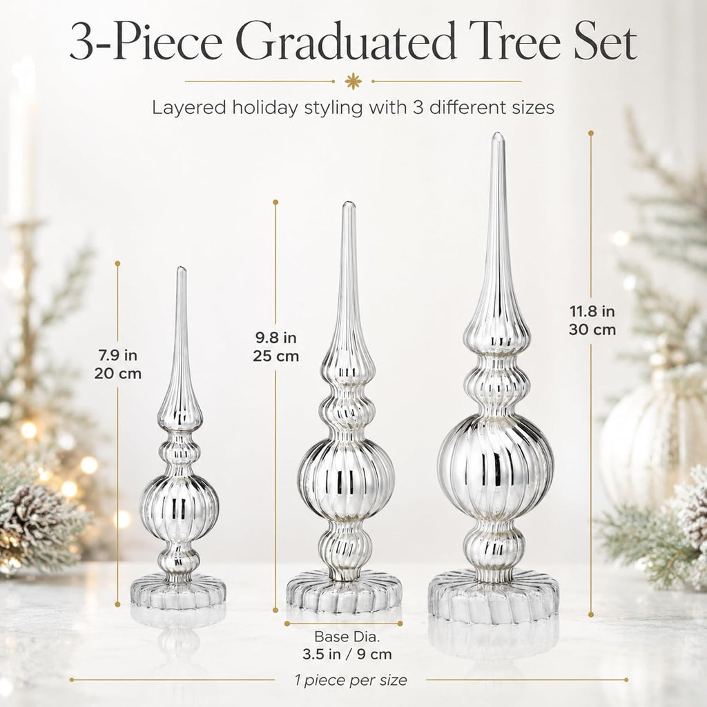 Set of 3 Mercury Glass Finial Christmas Figurines, Silver
