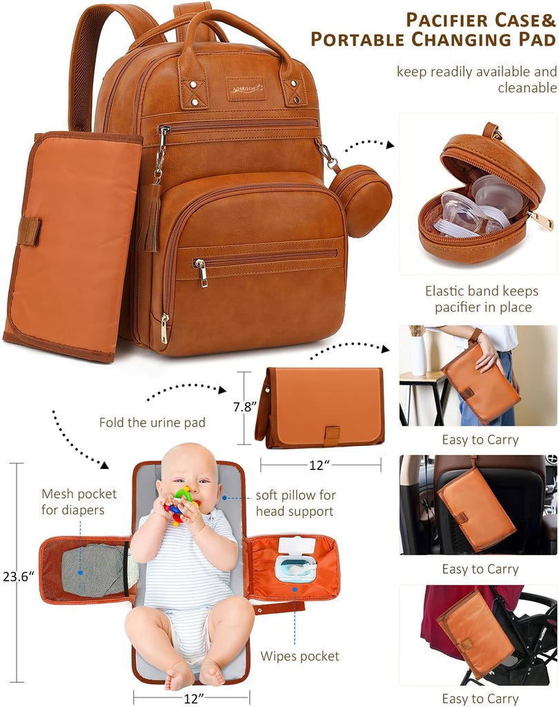 Premium Vegan Leather Diaper Bag Backpack with Waterproof Changing Pad, Reinforced Zippers & Odor-Free, 20 Pockets