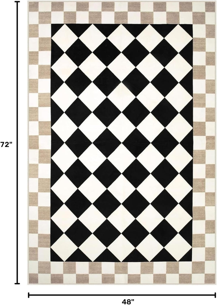 Checkered Rug, Black Washable Bedroom Area Rug Checked Kids Room Rug, Non-Slip Soft Low Pile Stain Resistant