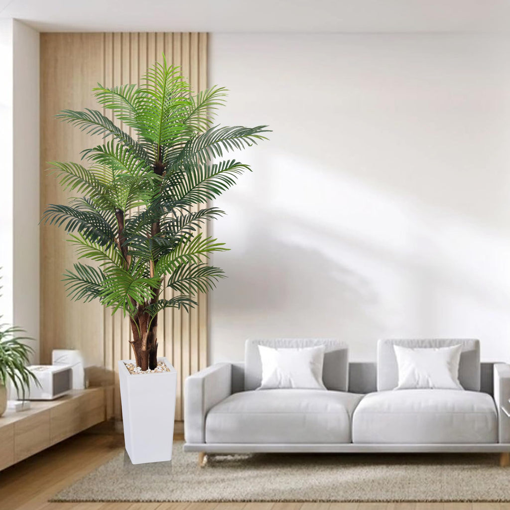 Artificial Palm Tree 7FT, Fake Tree with Realistic Fiber Trunks and White Tall Planter, Faux Tropical Areca Floor