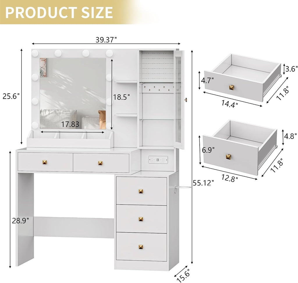 Vanity Desk with Mirror and Lights, Makeup Vanity Table Set with 5 Storage Drawers, Power Outlet, Small Dressing