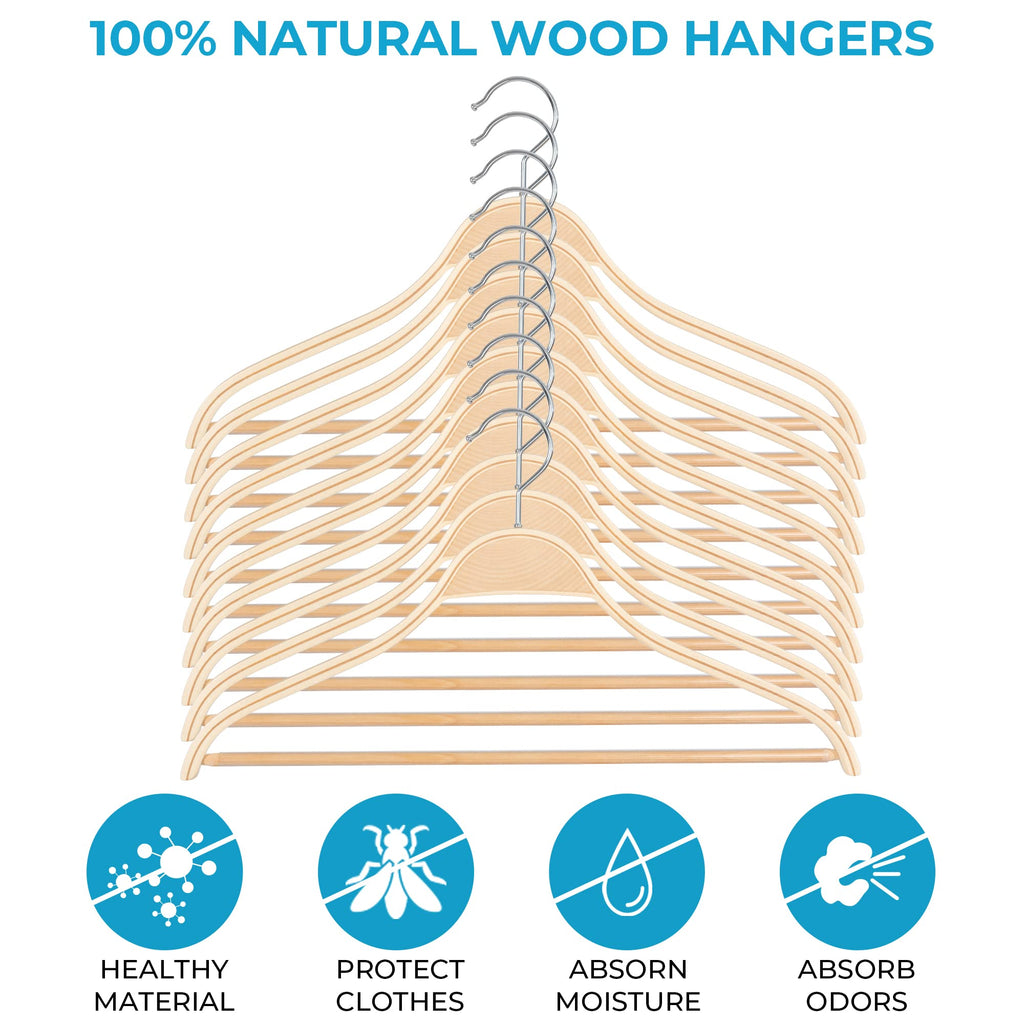 Wooden Coat Hangers, 30 Pack Light Weight Wood Coat/Suit Hangers with Non-Slip Pant Bar, Natural Finish