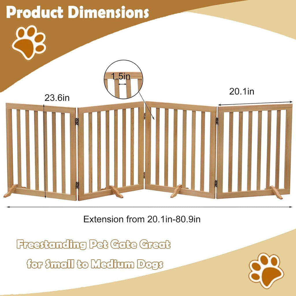Wooden Foldable Dog Gate Freestanding 4 Panels Puppy Safety Fence-Brown
