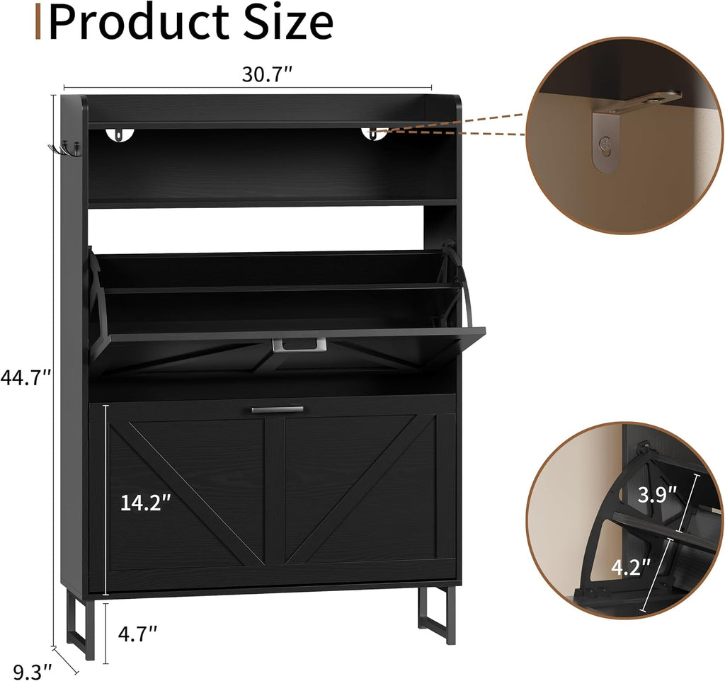Shoe Cabinet with 2 Flip Drawers, Freestanding Hidden Shoe Storage Organizer , Narrow Slim Shoe Rack Cabinet with