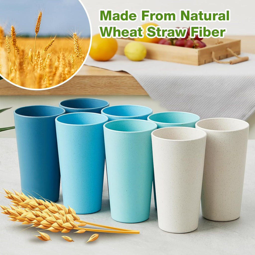 Wheat Straw Cups Set of 8, 20 oz Unbreakable Drinking, Chip Resistant, Reusable Water Set, Large , Camping, BPA Free