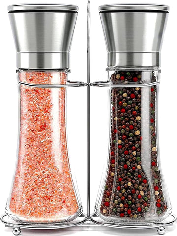 Salt & Pepper Grinder Set with Stand - Stainless Steel Manual Mills & Holder with Adjustable Coarseness, Refillable - Set of 2