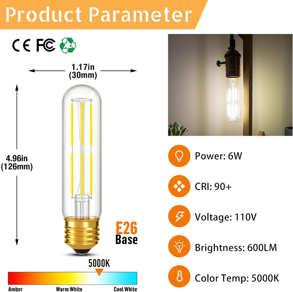 Dimmable E26 T10 LED Bulb Tube Light Bulbs 6W,Daylight 5000K 600LM