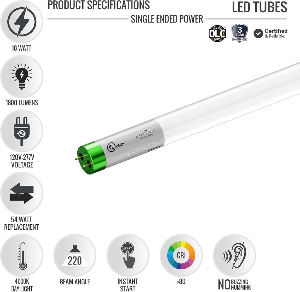 LEDMyplace 4ft LED 18W Glass Tube Light Bulb, 4000K Cool White, 1800 Lumens, Clear Lens, Replace 50W, UL DLC Listed