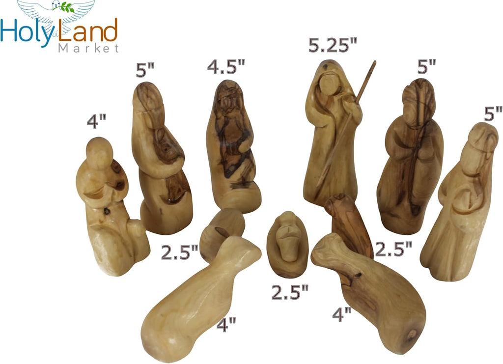 Land Market Traditional Olive Wood Nativity Set - Antique Style Bethlehem Stable, 12 Handmade Pieces - Christmas