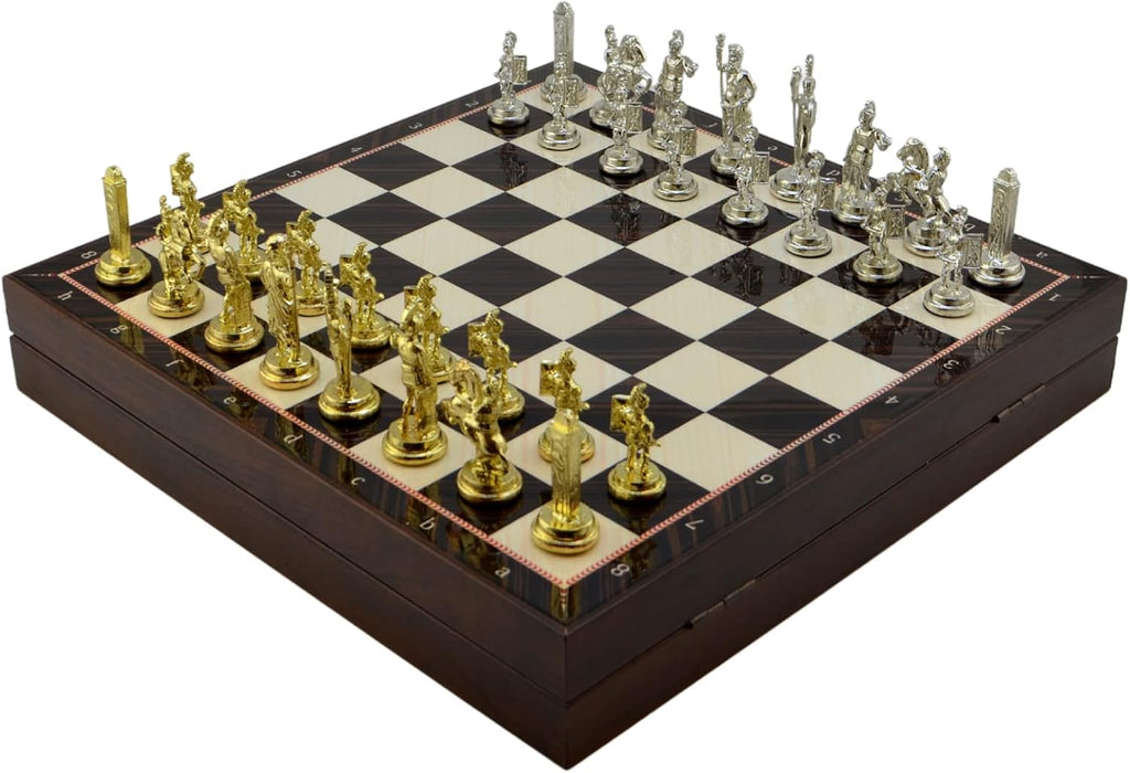 Metal Chess Set for Adults Greek Figures,Handmade Pieces and Different Design Wooden Chess Board with Storage (Walnut)