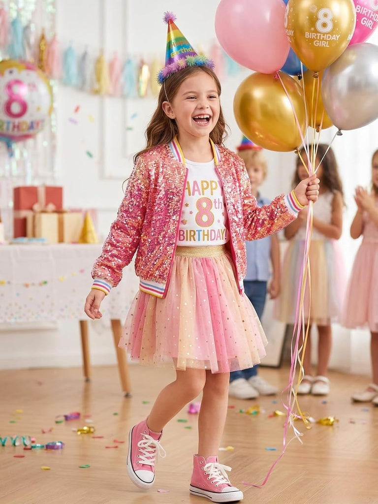 Girls' Ombre Sequin Bomber Jacket with Pockets Lightweight Sparkle Long Sleeve Zipper Gradient Jackets for Kid