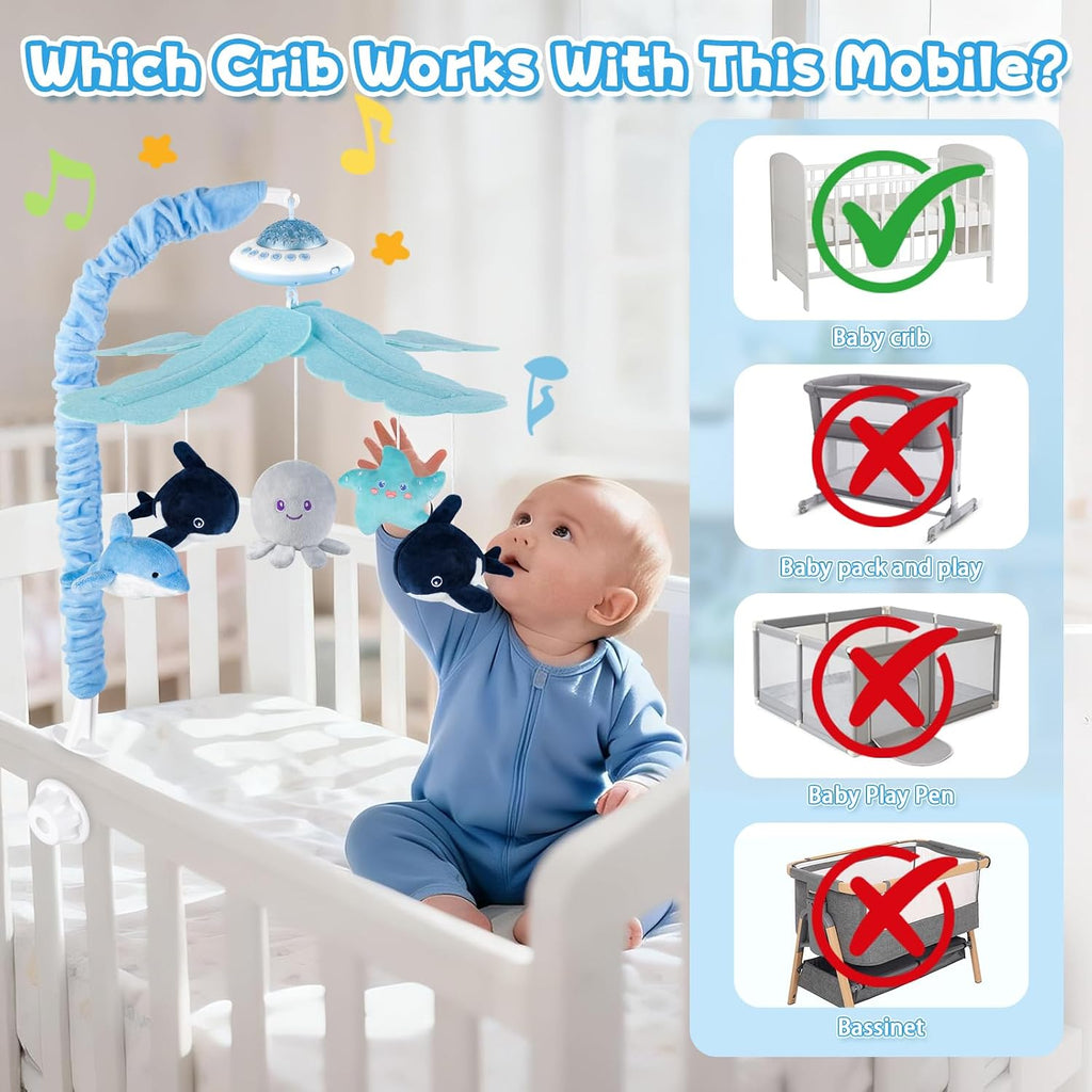 Baby Crib Mobile with Music and Lights, Nursery Baby Mobile for Crib with Remote Control, Rotation, Starlight