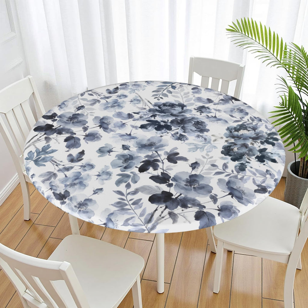 Sping Round Fitted Tablecloth Best for 48"-52" Navy Blue Floral Table Cloth Elastic Edge Washable Farmhouse Rustic