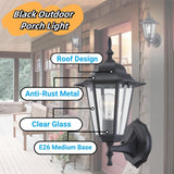 Outdoor Wall Lantern, Black Wall Sconce for House Porch Lighting Fixture, E26 Base 60W Max, Metal Housing Plus Glass