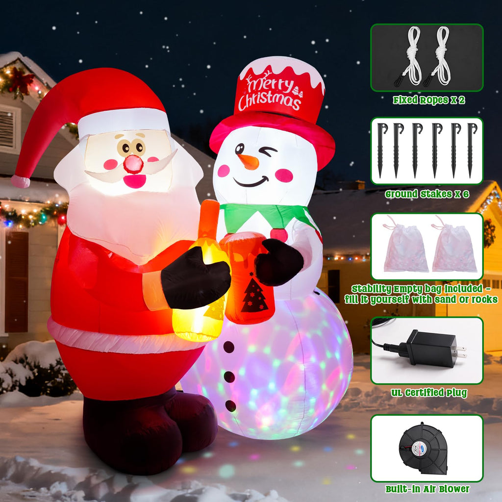 7FT Christmas Inflatable Outdoor Decoration, Inflatable Santa and Snowman Toasting with Light, Rotating Colorful LED