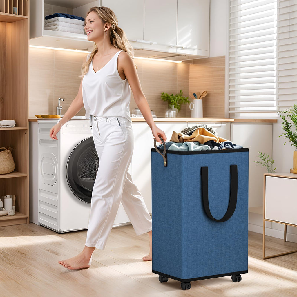 Rolling Laundry Basket with Wheels, Laundry Hamper, 80L, Navy