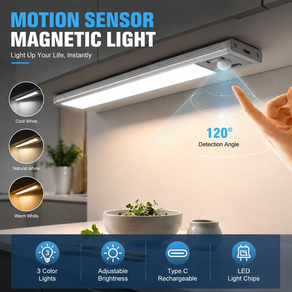 2Pack Aluminum Under Cabinet Lighting, 12inch Rechargeable Ultra-Thin Magnetic Motion Sensor Closet Lights, 3 Colors