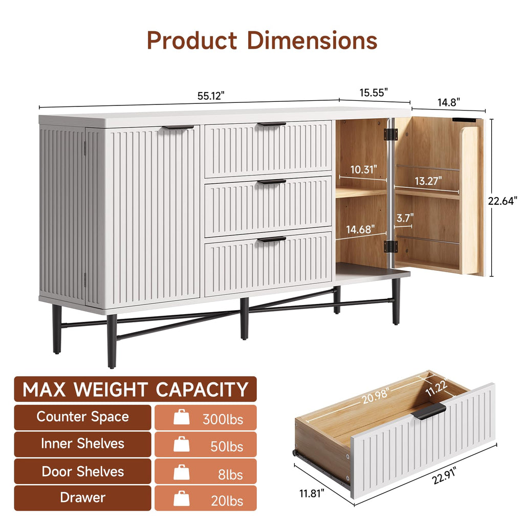 Fluted Buffet Cabinet with Door Shelves & 3 Storage Drawers, White