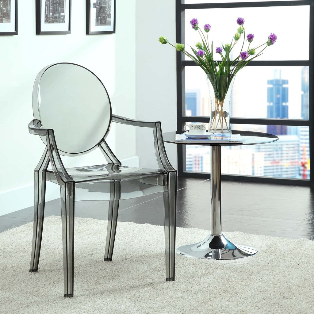 Casper Modern Acrylic Stacking Kitchen and Dining Room Arm Chair in Smoke - Fully Assembled
