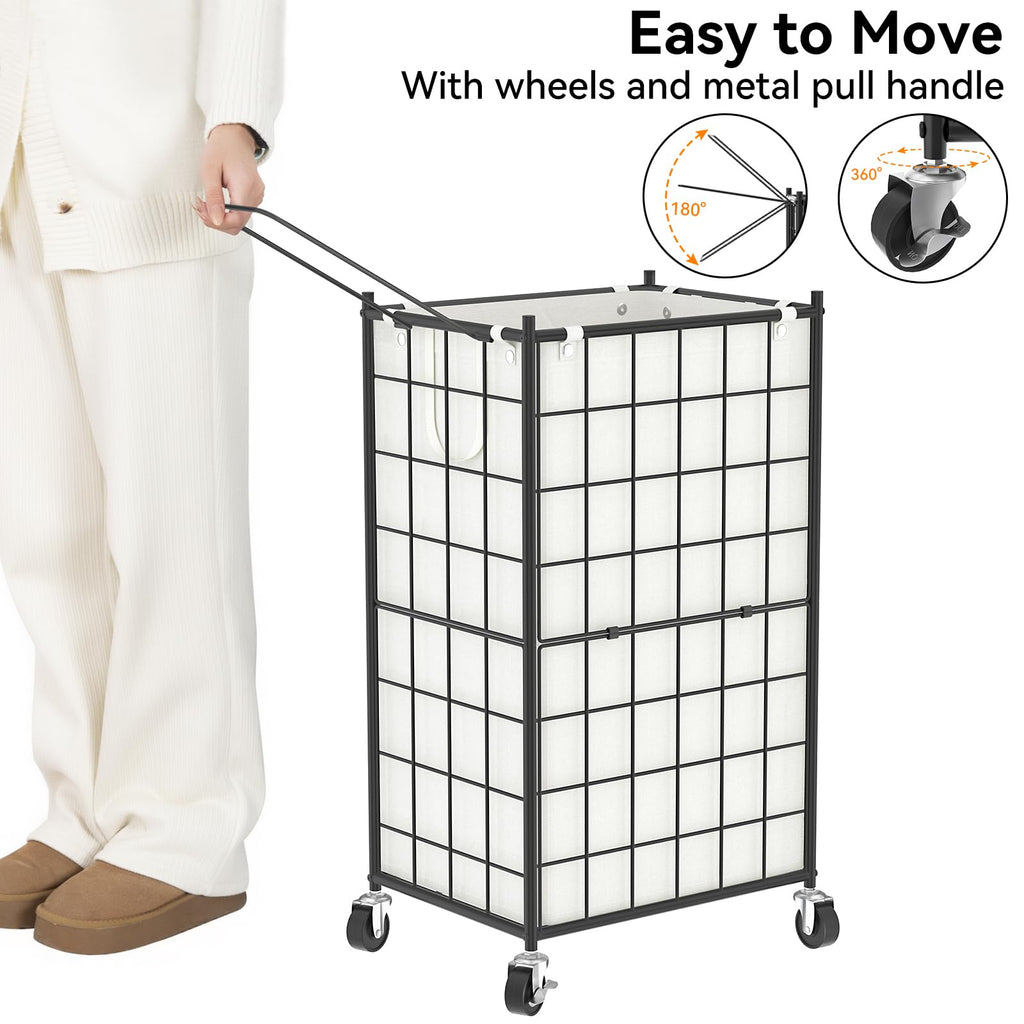 Rolling Laundry Basket, Metal Wire Frame Laundry Hamper with Wheels