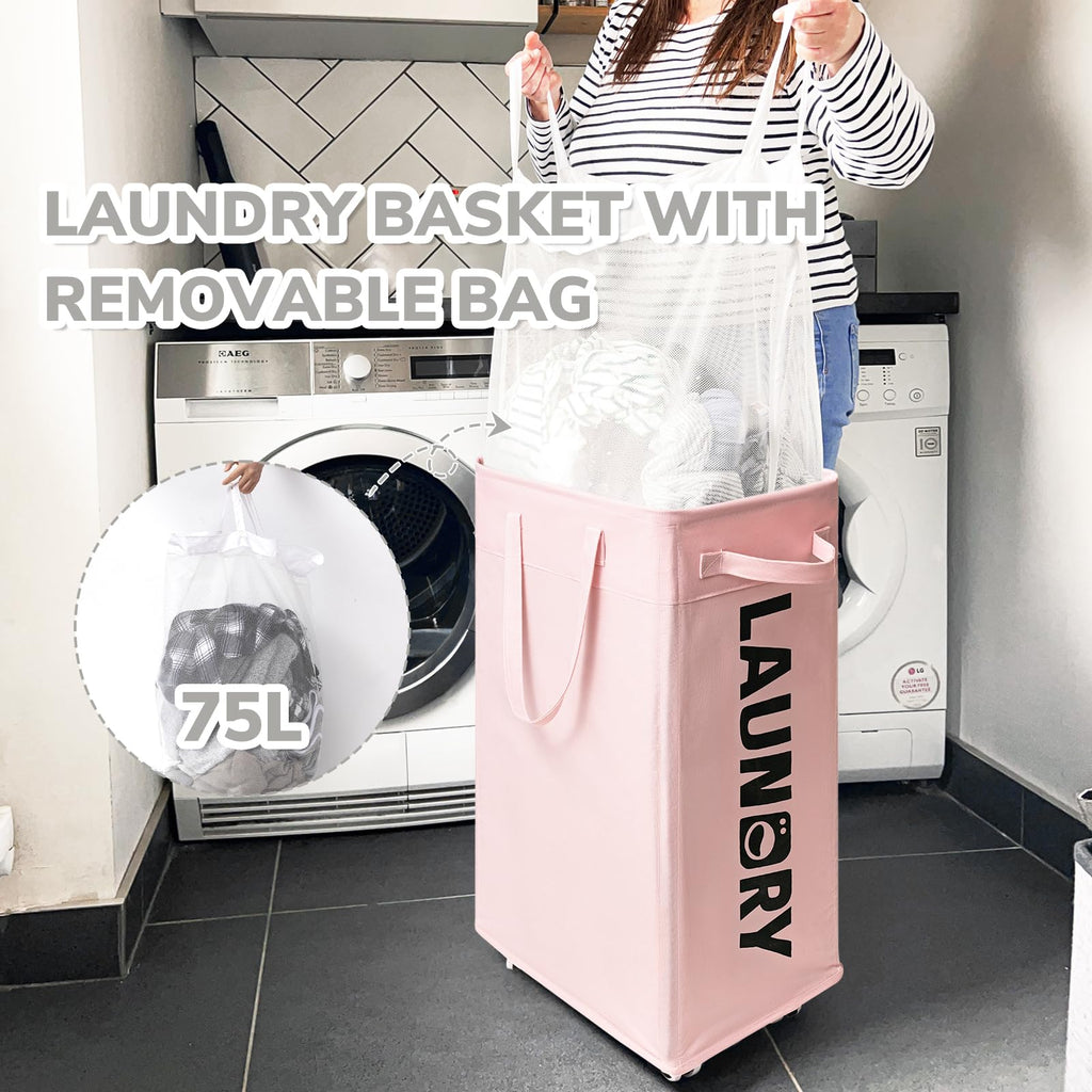 75L Rolling Laundry Basket with Wheels Removable Wash Bag, Pink