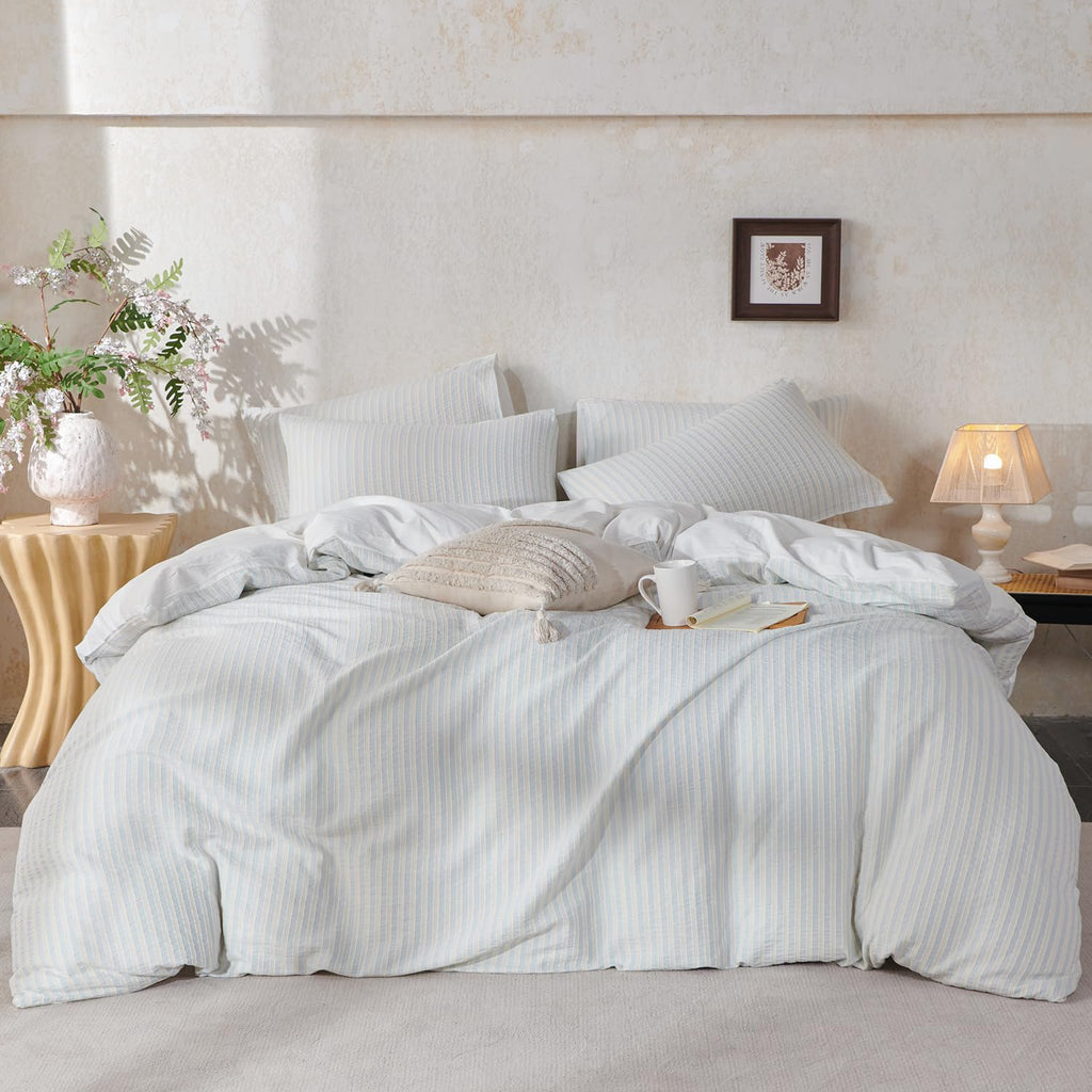 Comforter Set Light Blue Striped Soft Luxury Washed Cotton Jacquard 3 Pieces Bedding, Light Blue Vertical