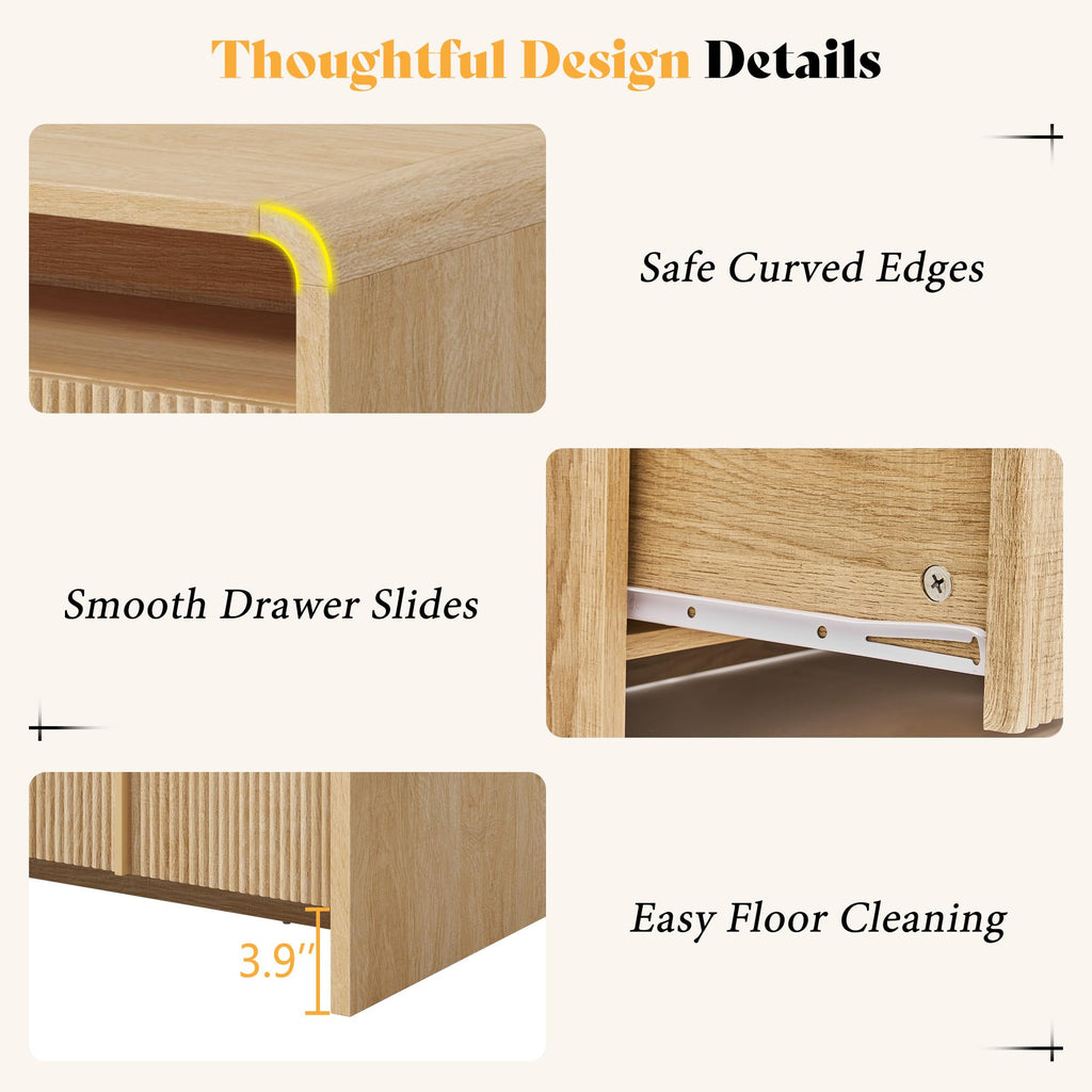 39.4" Fluted Coffee Table with 2 Drawers, Natural Oak