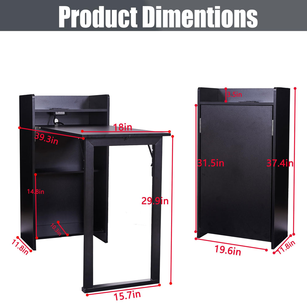 Foldable Desk, Hidden Desk with Storage and Built-in Socket, Mid Century Fold Out Table for Small Spaces, Home Office
