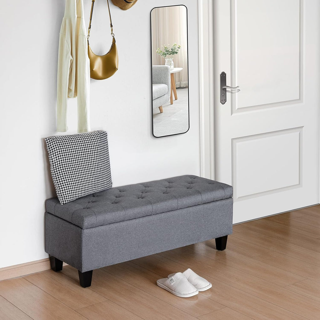 42" Storage Ottoman Bench, End of Bed Storage Bench,330 LBS Load | Button Tufted Fabric , Solid Wood Leg, Safety