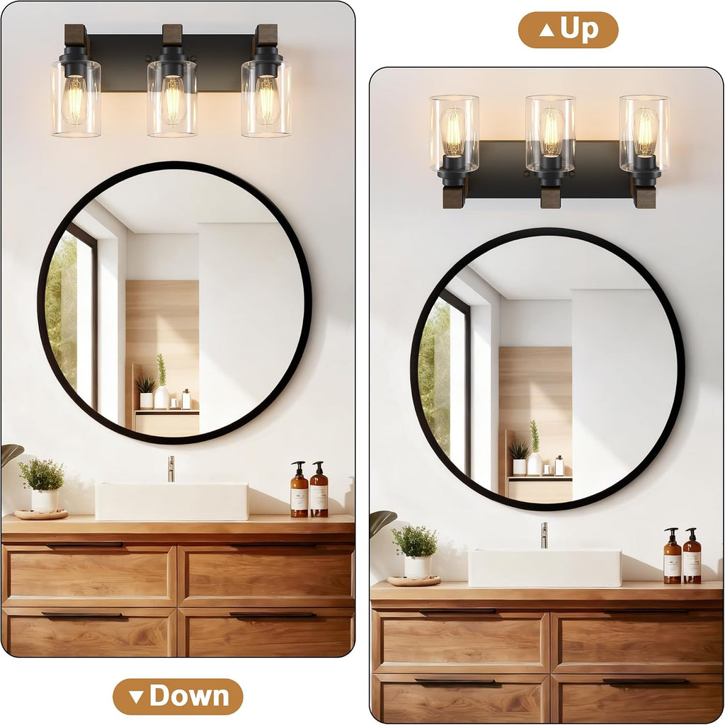 Farmhouse 3-Light Bathroom Vanity Light Fixtures, Black and Wood | 18.8′′ Rustic Matte Black Metal Frame, Clear Glass