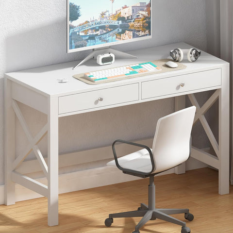 Computer Desk Study, Modern Simple 40 Inches Desk with Drawers, Makeup Vanity Console Table, White