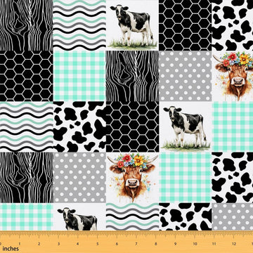 Cute Cow Print Fabric By The Yard Kawaii Highland Cow Upholstery Fabric Honeycomb Plaid Pattern Geometric Stripes