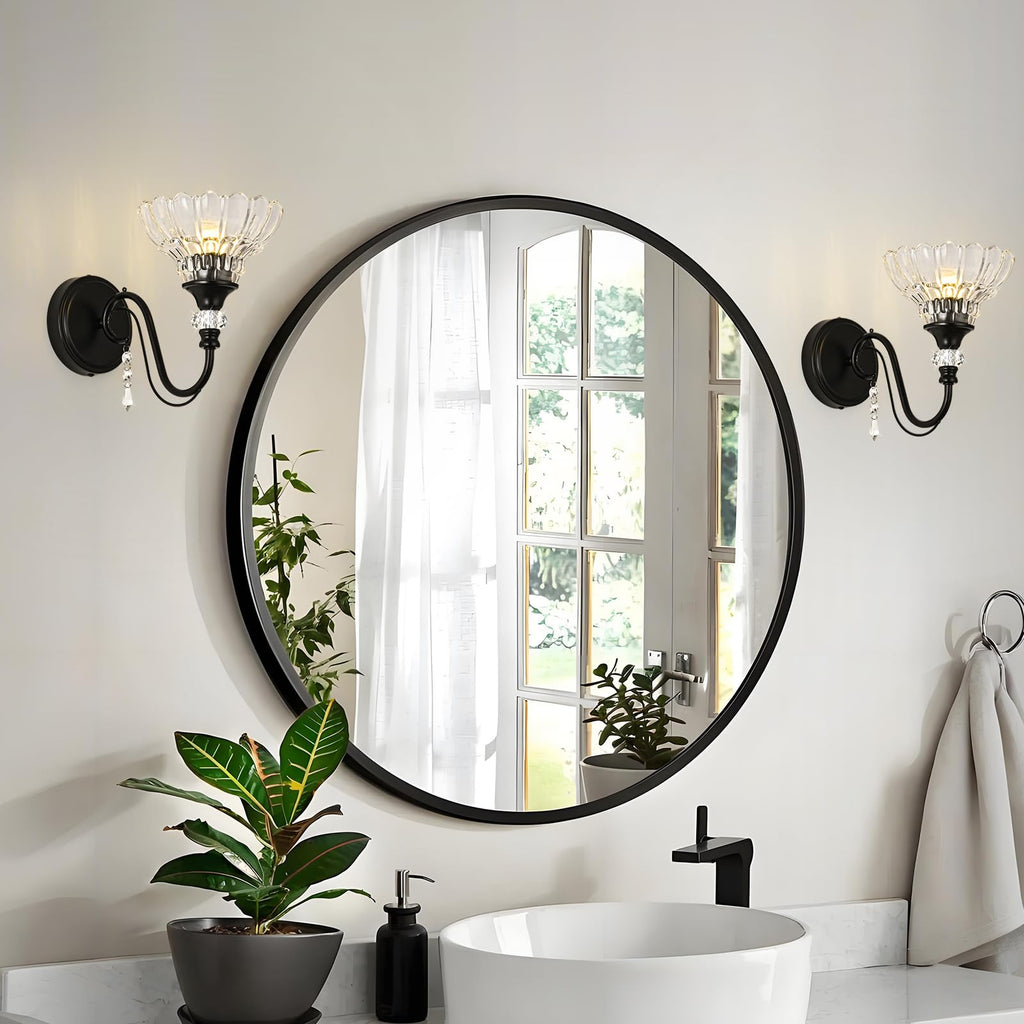 1 Piece Black Wall Sconce, 1-Light Black Farmhouse Wall Sconce with Hanging Crystal Accents and Flower-Shaped Clear