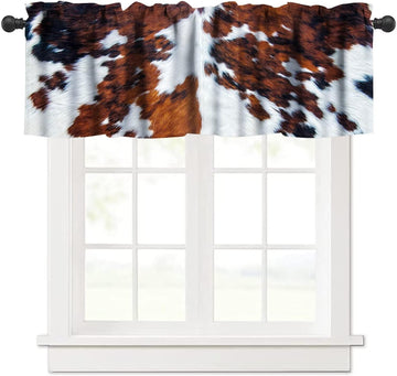 Farmhouse Cowhide Valance, Abstract Brown White Cow Fur Western Animal Skin Print Blackout Short Window Curtain
