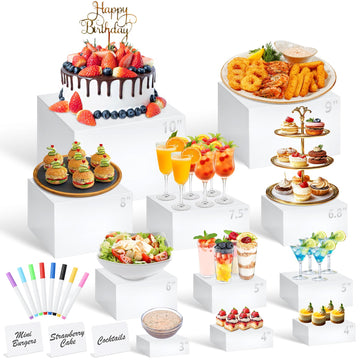 11 Pcs White Acrylic Buffet Risers and Stand with Mini Table Sign and Maker