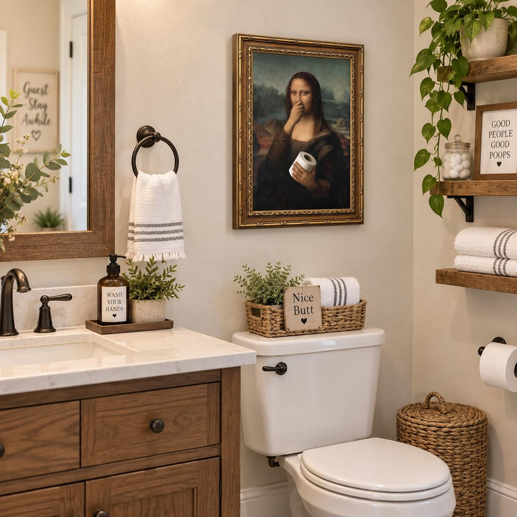 Funny Mona Lisa Bathroom Wall Art, Vintage Gold Frame, 16 x 12 In