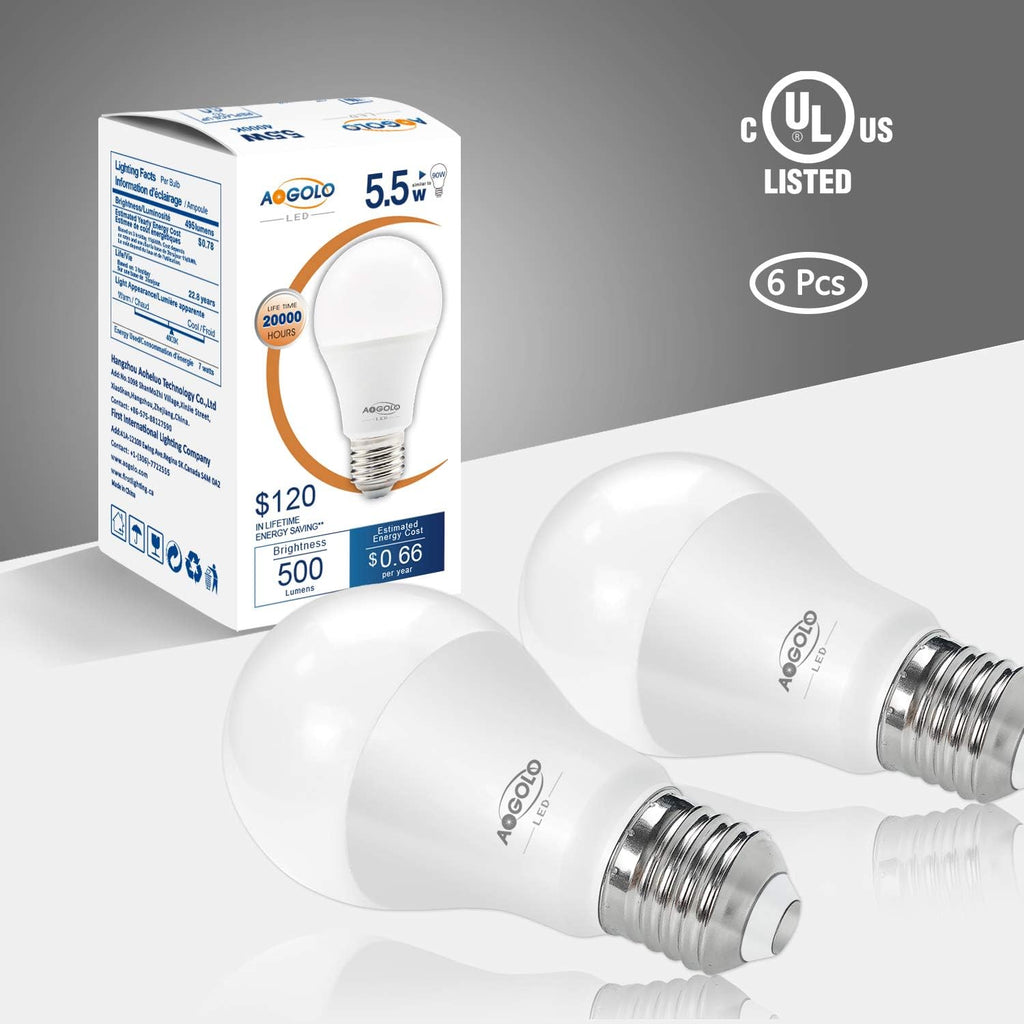 5.5W A19 LED Light Bulb, 2700k, 6 Pcs, 40 Watt Equivalent,Efficient LED Bulbs 500LM,E26 Medium Screw Base,Soft Warm