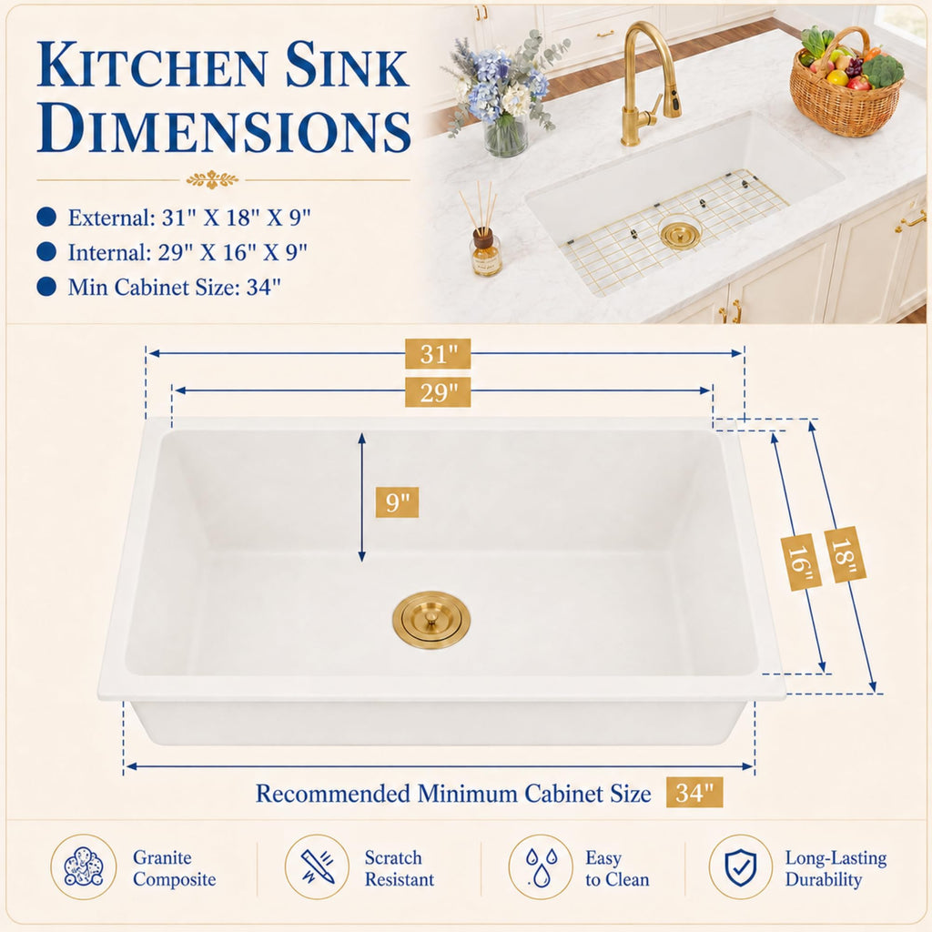 Undermount Kitchen Sink 31 inch, White Granite Composite Sink