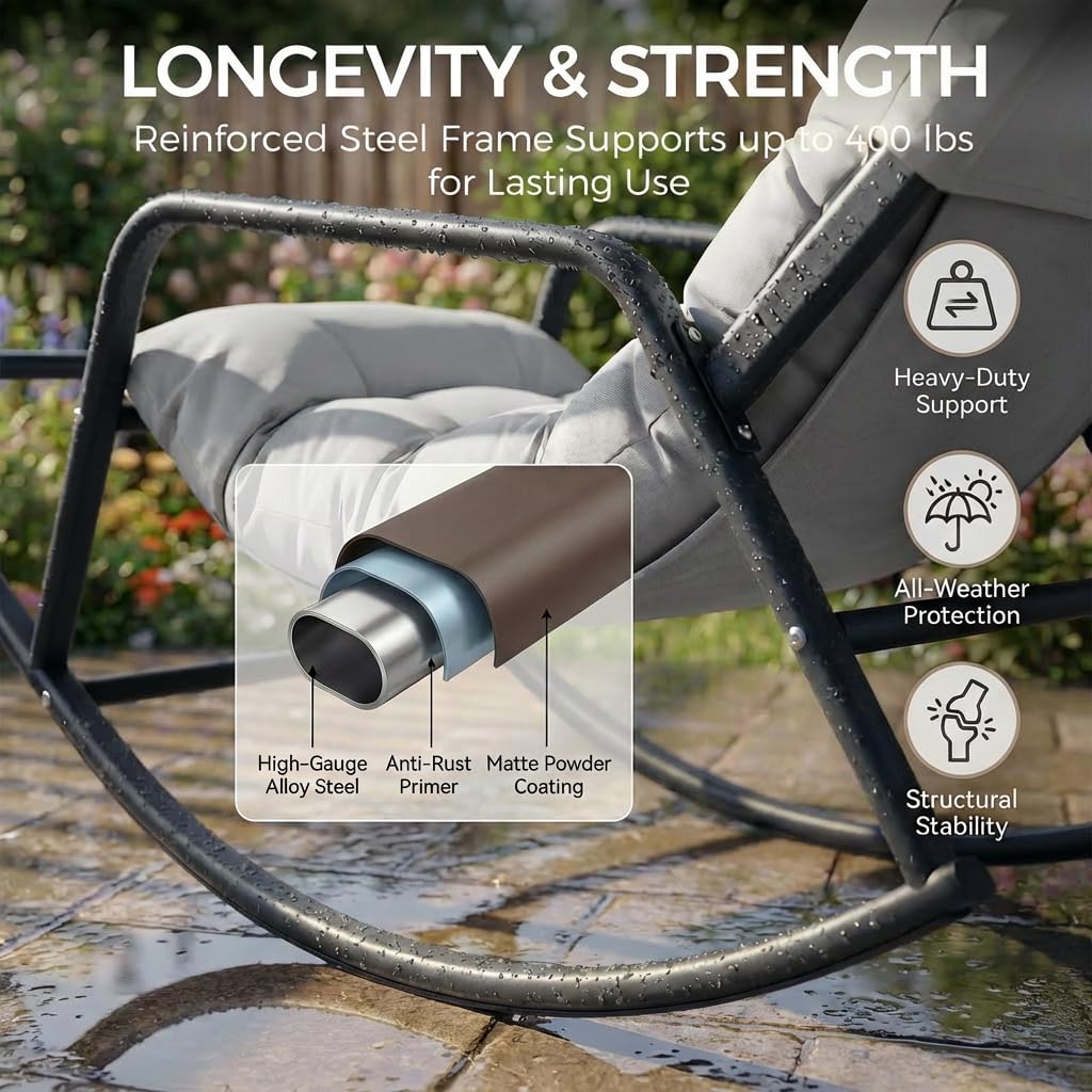 Oversized Outdoor Lounge Rocking Chair with Footrest, Grey