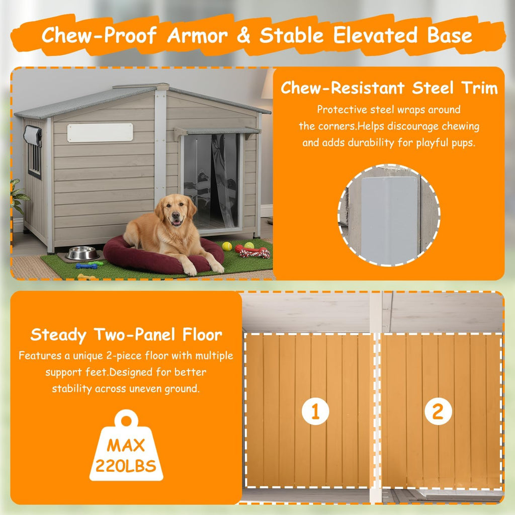 Extra Large Dog House with Anti-Chewing Frame, Outdoor Wooden Kennel