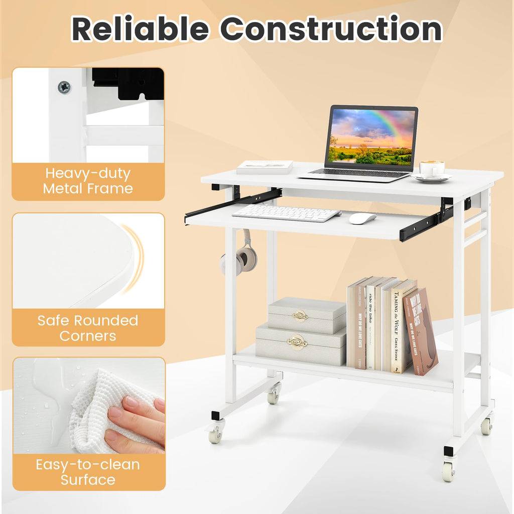 Rolling Computer Desk, Mobile Portable Desk with Keyboard Tray & Wheels, Laptop PC Table Cart with Shelf & Hooks