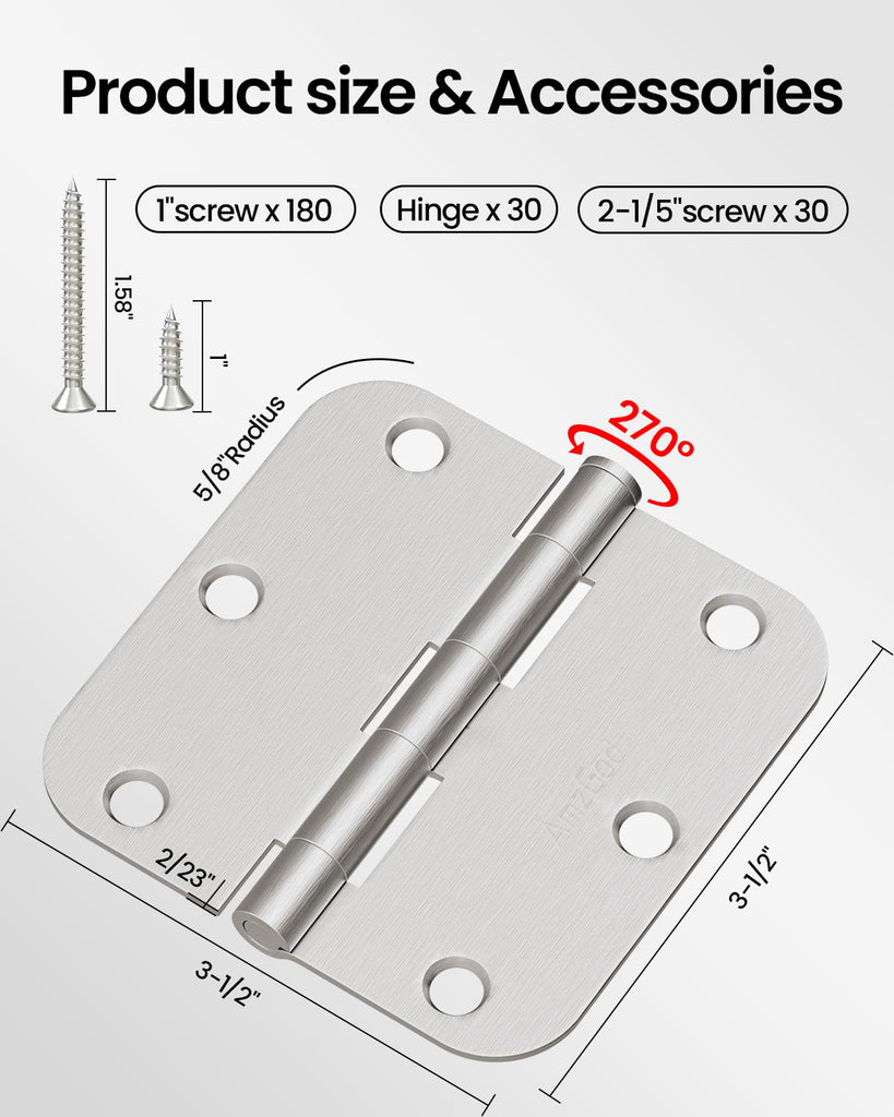 Door Hinges Brushed Nickel 30 Pack 3.5 Inch Rounded 5/8" Radius